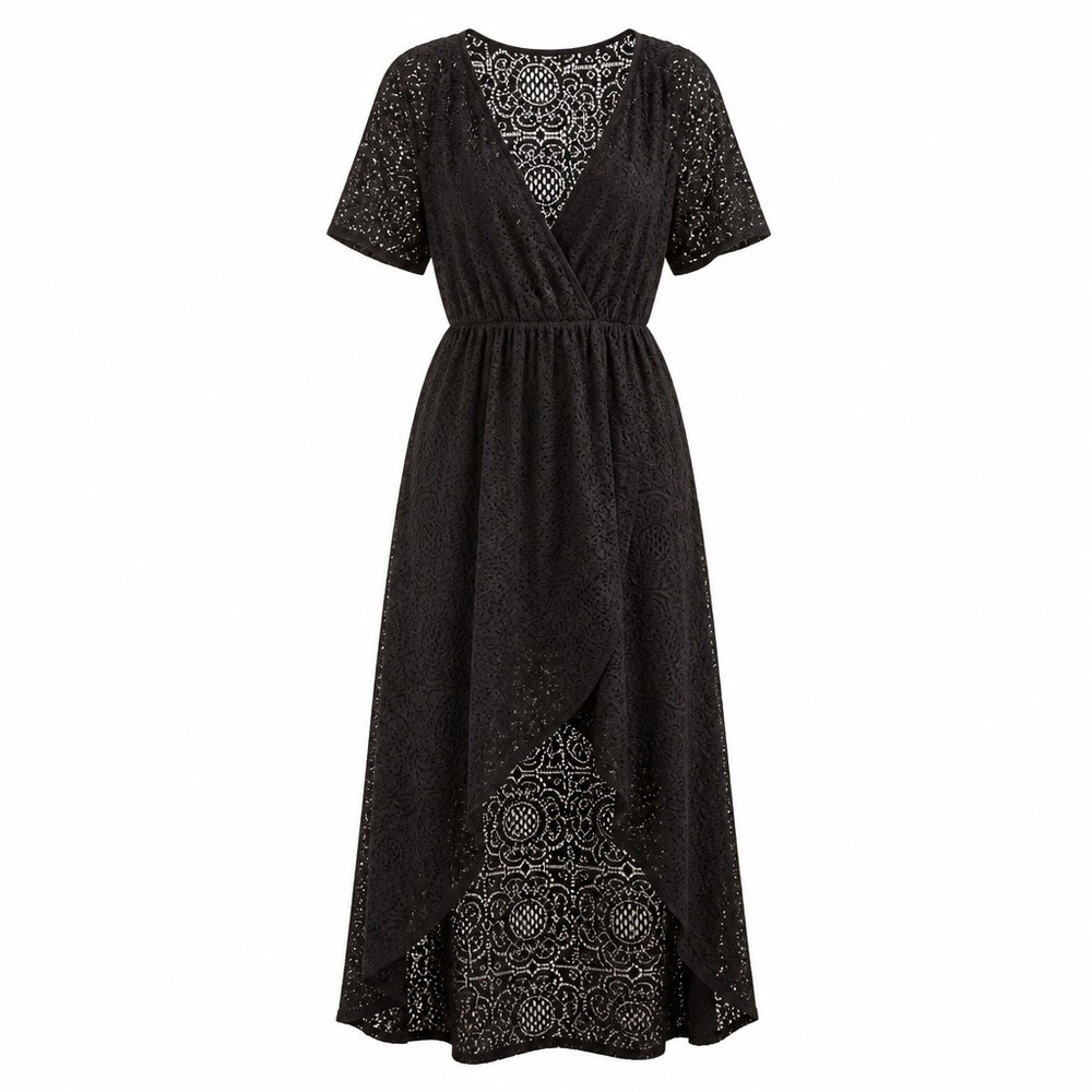 Black Crochet Lace Maxi Dress XL Swim‎ Cover Up High Low Boho Beach Sexy Sleeves